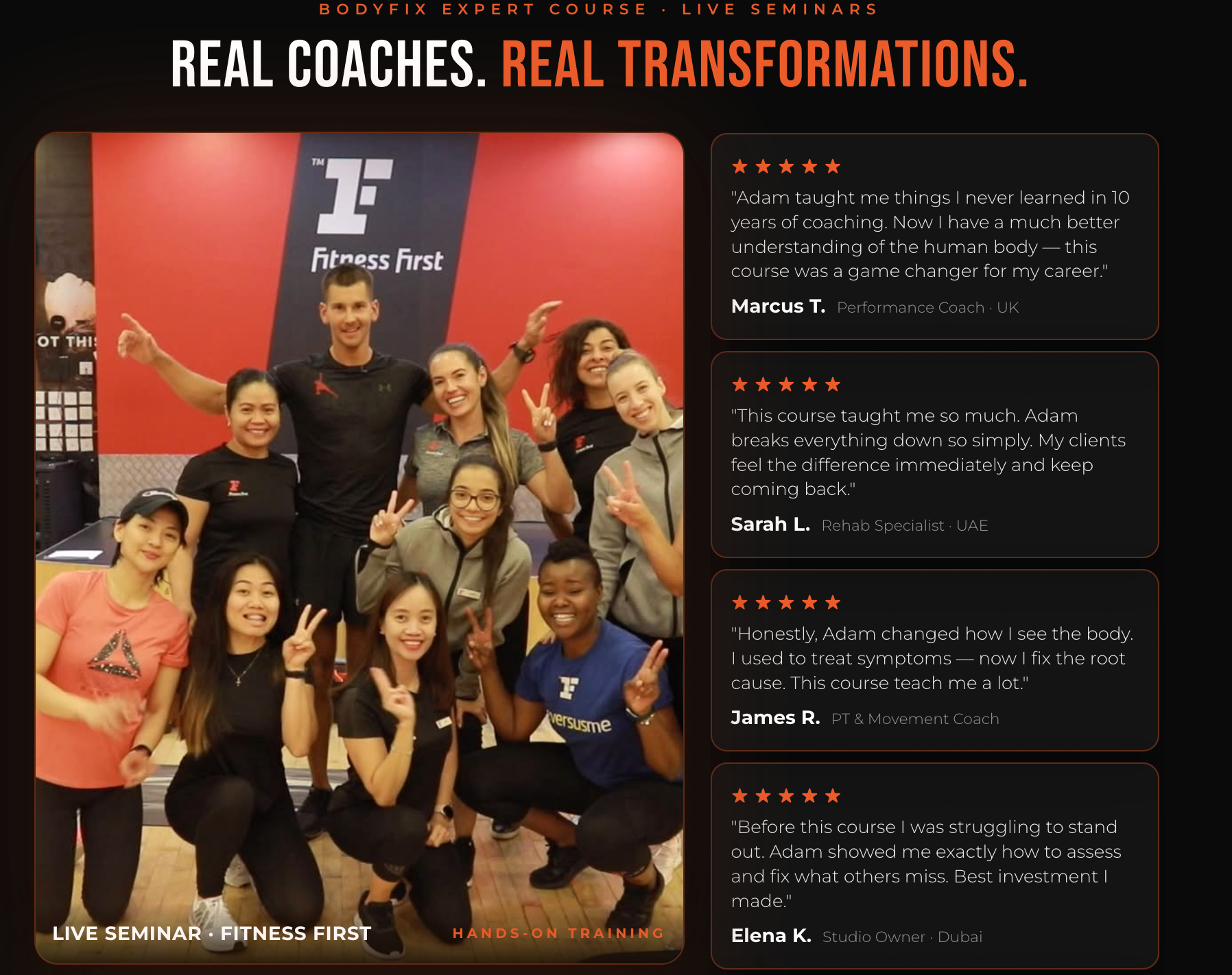 Group of certified BodyFix Expert coaches at a live seminar