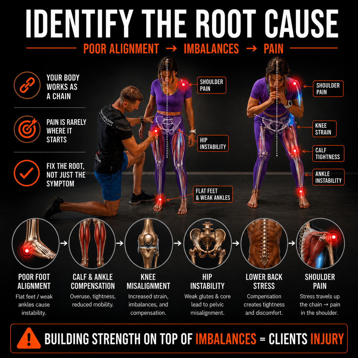 Identify the root cause — poor alignment, imbalances, pain